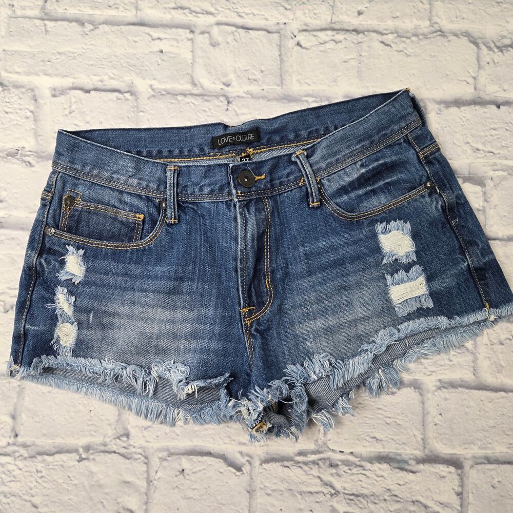 Love Culture Distressed Frayed Cut-off Denim Booty Shorts size 27